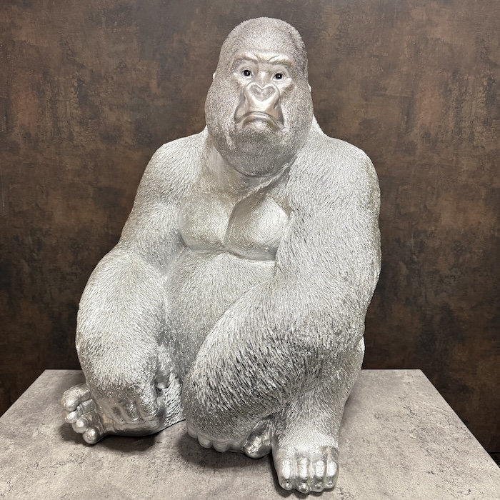 置物 お座り特大プレミアム銀色ゴリラ グッズ
