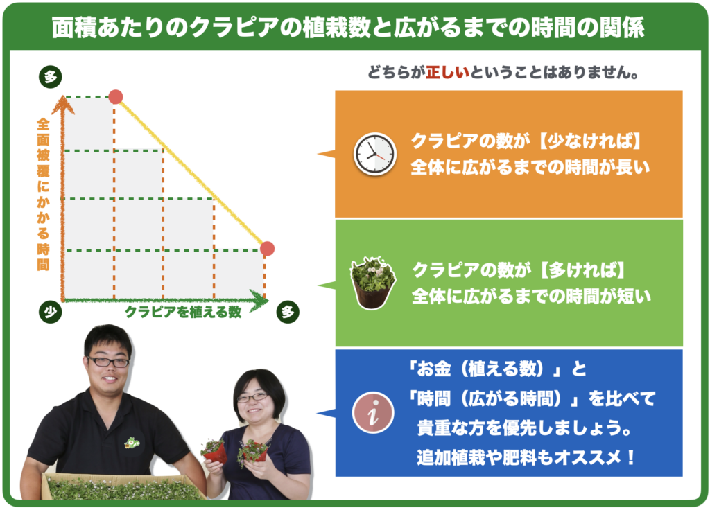 面積あたりのクラピアの植栽数と広がるまでの時間の関係